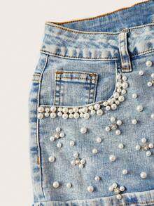 SHEIN MOD Plus Size Beaded Denim Skirt - Blue - View 4