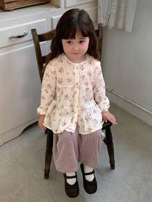 DAZY Baby Girl Round Neck All-Over Floral Print Long Sleeve Top Toddler Fall - Beige - View 7