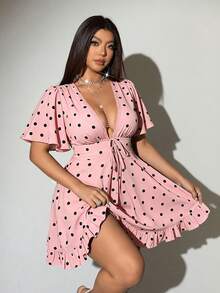 Viva Relle Plus Size Women Deep V-Neck Polka Dot Sexy Bowknot Dress - Pink - View 3