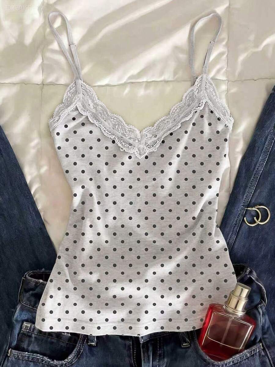 IslaSuriya 女款波點印花時尚蕾絲飾邊細肩帶背心 - 灰色 - 查看 1