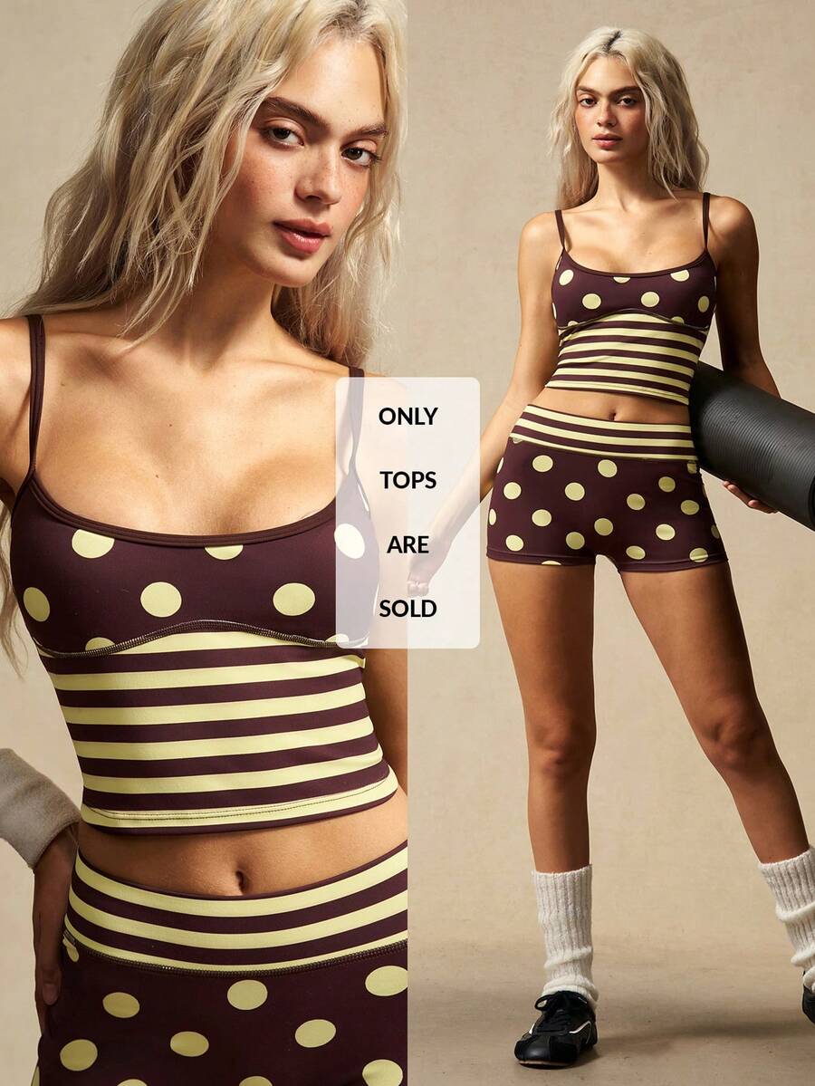 VARSIVA Women's Polka Dot Striped Print Spaghetti Strap Camisole Sports Athleisure Bra Gym Dark Yellow Summer
