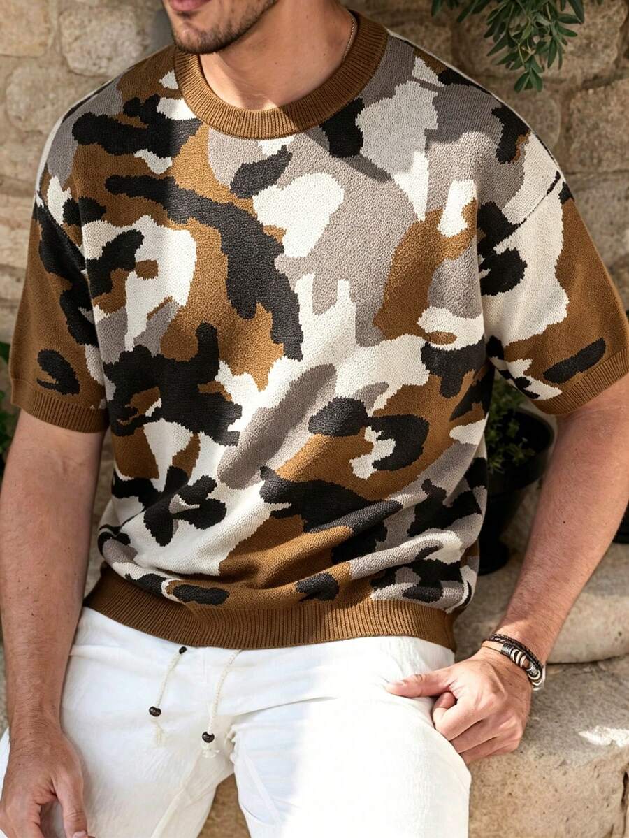 Manfinity Hypemode 男士迷彩图案圆领短袖休闲针织上衣 - 軍綠色 - 查看 1