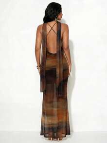 Normani Women's Pastal Draped Neck Fitted Elegant Sexy Long Dress Golf - Chocolate Brown - View 2