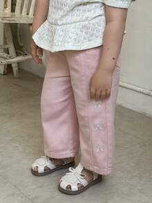 DAZY Baby Girl Bow Embroidery Korean Style Loose Denim Long Pants Toddler Fall - Pink - View 3