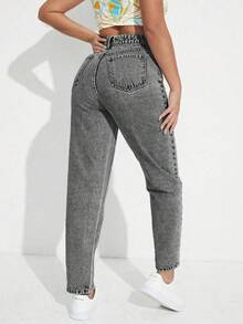 SHEIN ICON 女款休閒百搭牛仔Mom牛仔褲，附口袋 - 灰色 - 查看 5