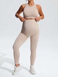 SHEIN Maternity Round Neck Textured Cropped Tank Top And Sports Long Pants Set - Khaki - View 11