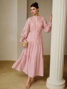 ZEYLAH Gaun Elegan Chiffon Mengkilap dengan Patchwork Renda - Dusty Pink - View 1