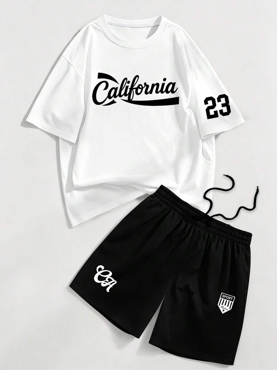 Chillumni California 23 白色T恤與黑色短褲休閒運動套裝,中性戶外休閒兩件套 - 彩色 - 查看 1