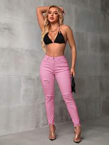 SHEIN SXY Casual Solid Color Distressed Slim Fit Denim Jeans - Pink - View 6