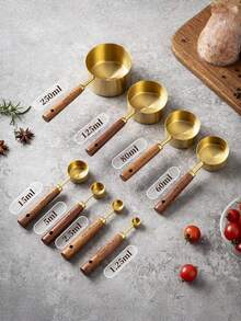 4/8pcs Measuring Cup And Spoon, Stainless Steel Measuring Cup And Measuring Spoon Set, Acacia Wooden Handle Stainless Steel Measuring Cup For Dry Goods And Liquid Ingredients, Baking Tools DIY, Seasoning Spoon Take Powder Spoon Coffee Spoon - Multicolor - View 2