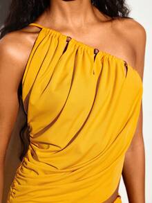 Femmeiva Summer Asymmetric Shoulder Ruched Tropical Sexy Tank Top Neck Strap Slim Fit Elastic Knit Beach Vacation Mustard Yellow - Yellow - View 5