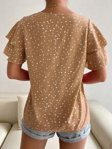 SHEIN Holidaya 女款圓領波點印花荷葉邊短袖襯衫 - 卡其色 - 查看 2