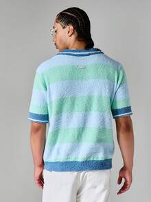SUMWON Boxy Fit Fuzzy Knit Stripe Polo With Embroidery Short Sleeve V-Neck Collared Summer Sweater Top - Multicolor - View 2