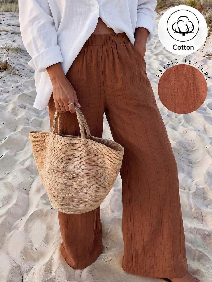 Vaclyn Celana Panjang Wanita Kasual Gaya Liburan Warna Polos dengan Potongan Lebar - Coklat - View 1