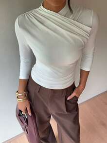 Aloruh White Minimalist Elegant Commuter Day Time Versatile Autumn/Winter Sexy Fitted Ruched Stand Collar Patchwork 3/4 Sleeve Women's T-Shirt Day Time - White - View 9