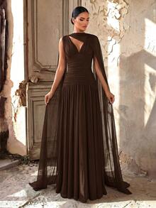 Aureia Elegant Brown Summer Wine Red Glossy Mesh V-Neck Ruched Super Flared A-Line Skirt (Detachable Halter Chiffon Flounce) Formal Evening Wedding Dress - Coffee Brown - View 2