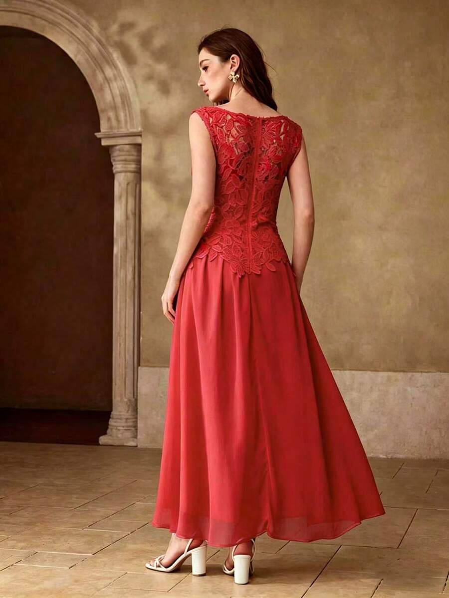 MOTF PREMIUM WOMEN'S SUMMER ELEGANT ROMANTIC STYLE SOLID COLOR PATCHWORK WATER-SOLUBLE LACE SLEEVELESS DRESS - Red - View 2