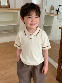 DAZY Infant/Toddler (Boy) Korean Style Striped Solid Color Short Sleeve Polo Collar Top - Beige - View 1