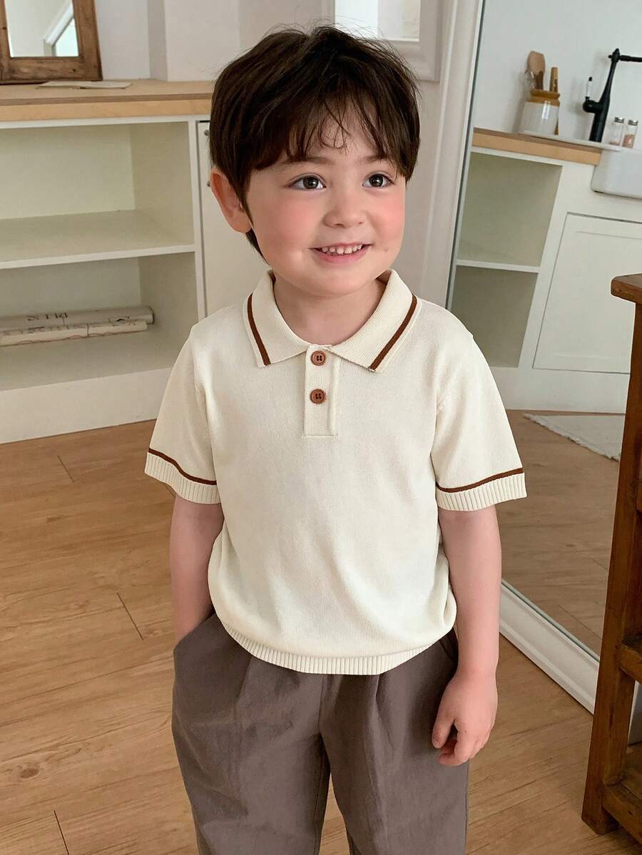 DAZY Infant/Toddler (Boy) Korean Style Striped Solid Color Short Sleeve Polo Collar Top - Beige - View 1