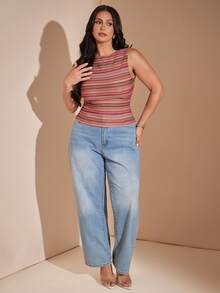 SHEIN BAE CURVE 大尺碼女款休閒條紋背心，夏季 - 彩色 - 查看 4