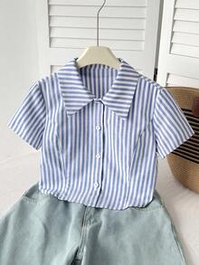 SHEIN 青少年女孩休閒藍白條紋刺繡裝飾修身短袖襯衫上衣，學院風條紋襯衫 - 藍色 - 查看 5