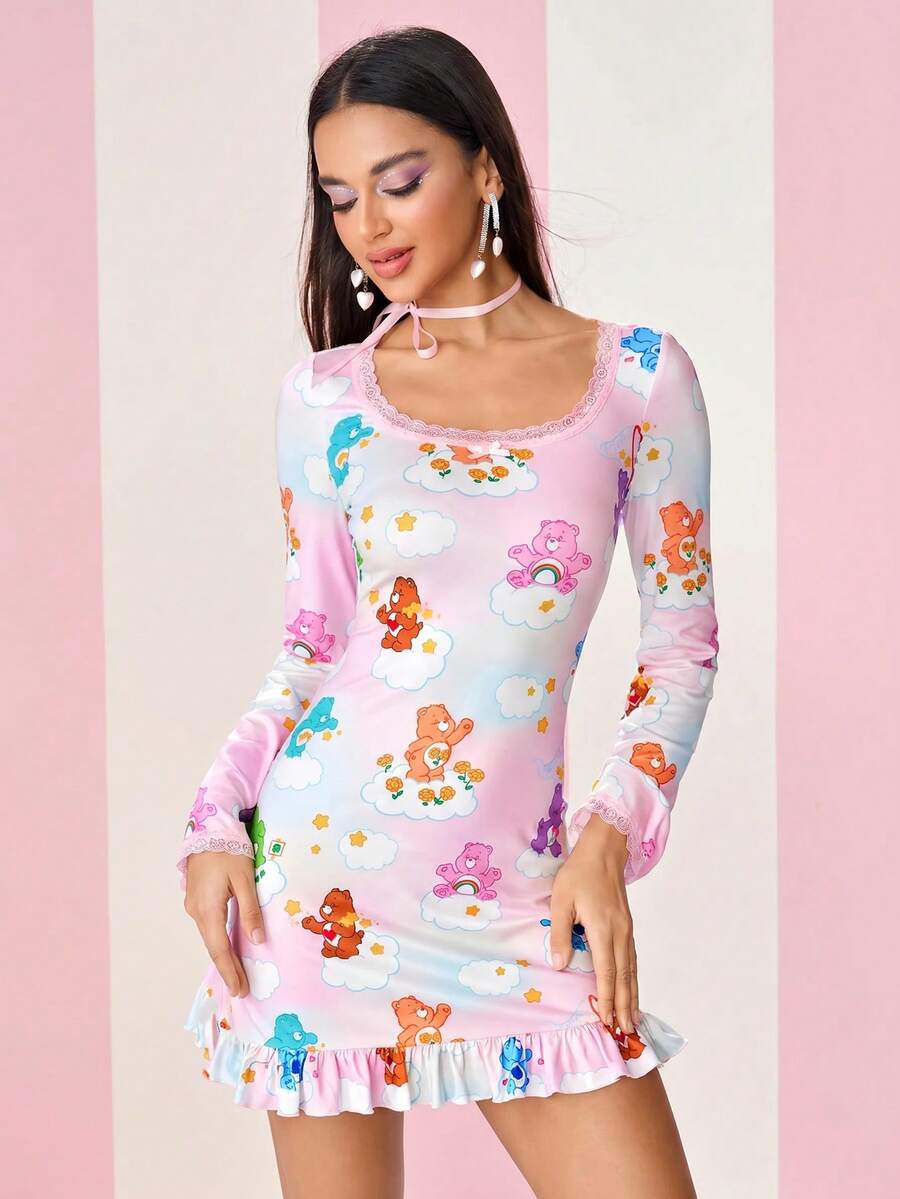 SHEIN X Care Bears Women's Cartoon Bear Pattern Square Neck Long Sleeve Short Dress - Pink - View 1