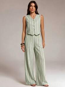 SHEIN Tall 女款條紋單排扣背心與長褲休閒兩件套 - 薄荷綠 - 查看 5