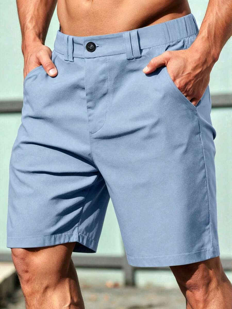 Manfinity Homme 男士纯色口袋休闲短裤,百搭夏季浅蓝色短裤 - 淺藍色 - 查看 1