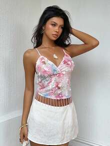 Aloruh Women's Y2K Floral Applique Decor Tassel Hem Sexy Fashion Camisole Tank Top, Romantic Floral Print Sequin Top, Glamorous Party Outfit, Music Festival Outfit, Women's Vacation Wear, Women's Going Out Top - Baby Pink - View 7