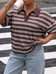Muchica 夏季休閒條紋短袖大尺碼T恤 - 棕色 - 查看 3