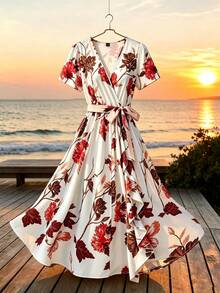 GlowEve CURVE Spring Summer Vacation Elegant Boho Casual Ruffle Design Digital Print Plus Size Dress Beach Pink Floral - Apricot - View 4