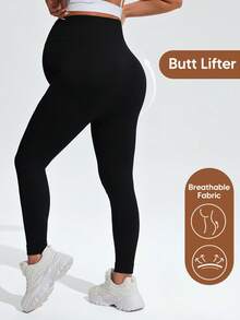 SHEIN Maternity Solid Color Casual Versatile Daily Wear Sports Long Pants - Black - View 4