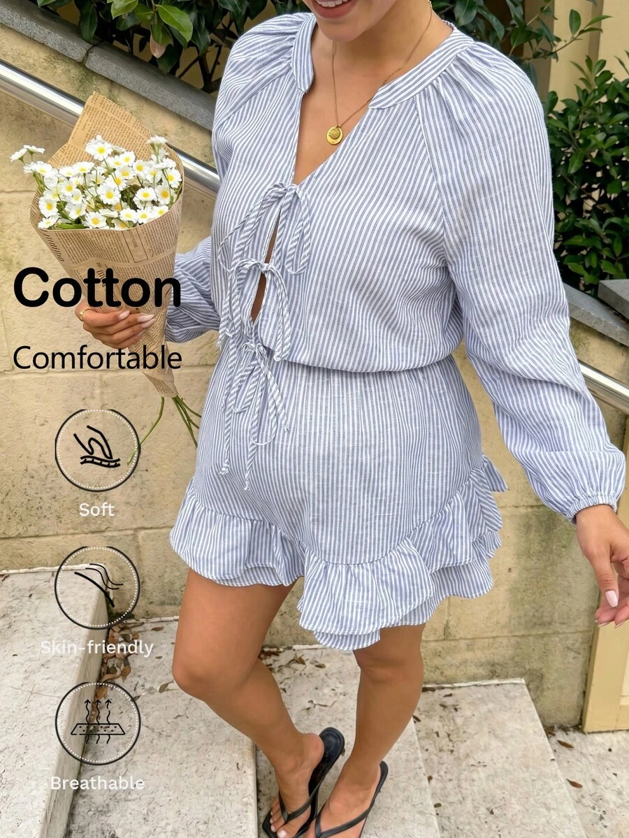 SHEIN 哺乳條紋插肩袖繫腰寬鬆連身褲