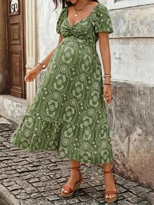 Boho Mama Maternity Floral Print Twisted Design Short Petal Sleeve Dress - Green - View 8