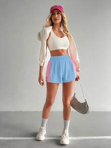 SHEIN Sovereign Charm 女款彈性腰拼色休閒百搭日常旅行運動短褲 - 彩色 - 查看 7