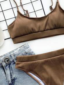 SHEIN Swim 女款夏季海灘純色性感時尚比基尼兩件式泳衣套裝 巧克力棕色 - 棕色 - 查看 5