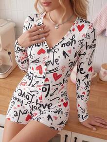 SweetSlumber Women Heart & English Text Long Sleeve Romper, Fall, Winter - Multicolor - View 4