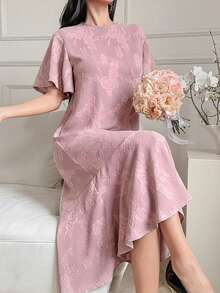 DAZY Spring Summer Round Neck Short Sleeve Pink Jacquard Floral Pattern Loose Fit Mid-Length Dress For Women - Pink - View 5
