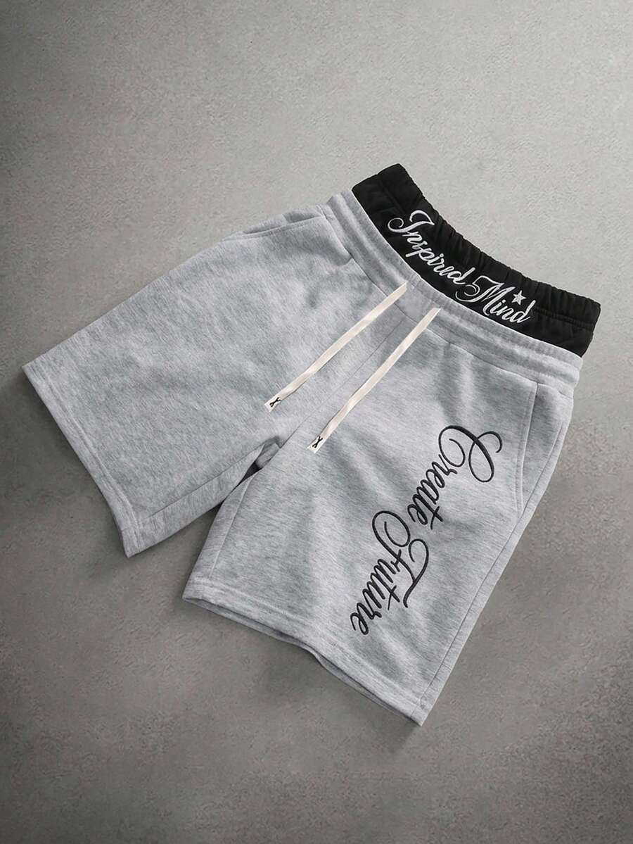 Manfinity Hypemode Celana Pendek Streetwear Kasual Pria dengan Pinggang Ganda dan Cetakan Huruf - Grey - View 1