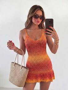 Selianne Spring/Summer Vacation Sunset Gradient Spaghetti Strap Dress, V-Neck Thin Shoulder Strap Fitted Bodycon Mini Dress With Ruffle Hem, Beach Holiday Party Date Sexy Girl Sweater Dress - Orange - View 3