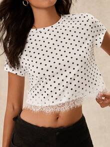 Easelle White Polka Dot Lace Patchwork Cropped T-Shirt For Women - Black and White - View 7
