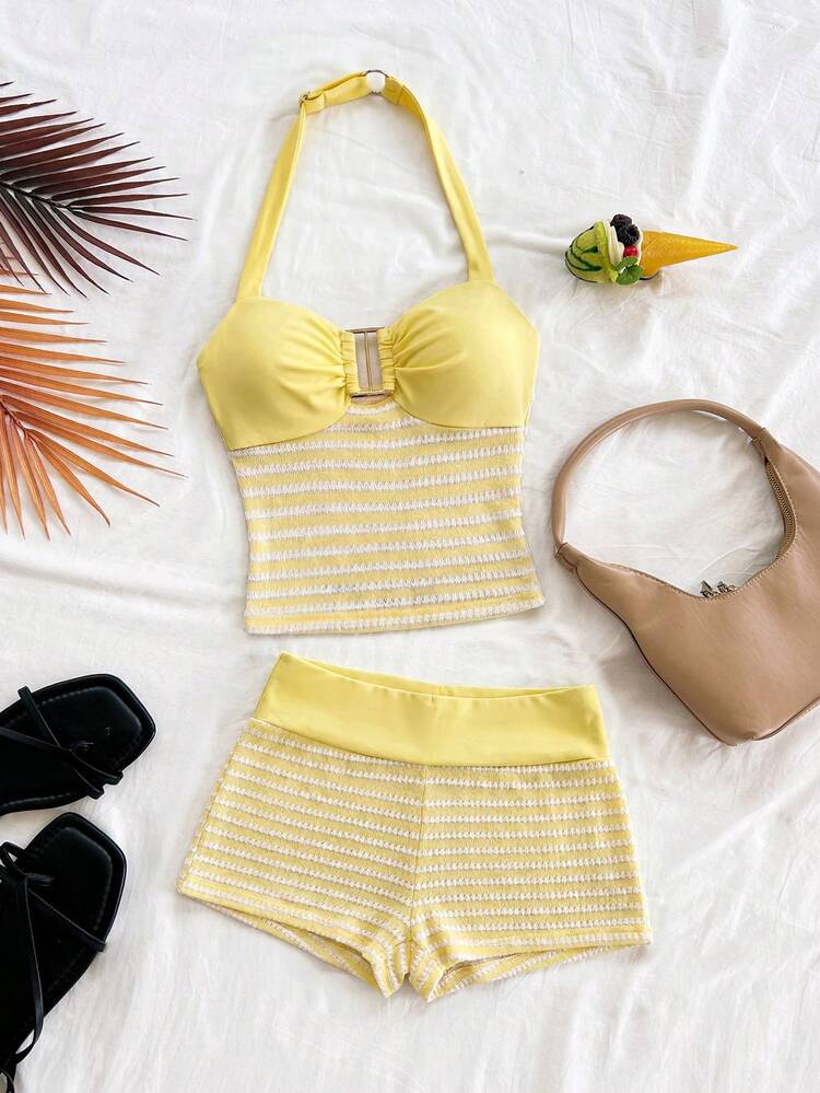 SHEIN Tween Girl Fashion Casual Vacation Striped Colorblock Halter Tank Top Set Beach Holiday - Yellow - View 3