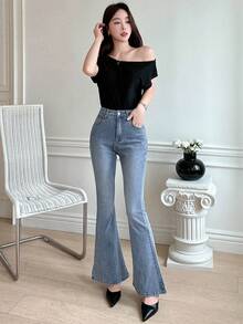 DAZY Quần Jeans Denim Xòe Rửa Thường Ngày Có Thiết Kế Nơ Cho Nữ - Màu xanh lam - Xem 4