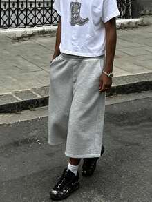 Manfinity Dauomo Men's Elastic Waist Pocket Casual Solid Color Wide Leg Cropped Straight Pants - Grey - View 3