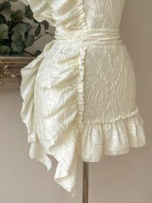 Lovelzi Elegant Jacquard Satin Asymmetric Neckline Boning Ruffled Paneling Mini Dress For Graduation Wedding Birthday Party Formal Occasion - White - View 7