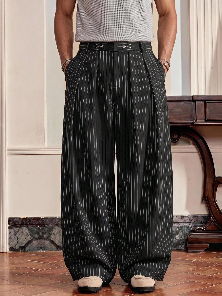 ESTAVOR Men's Fashion Striped Pleated Loose Wide Leg Long Pants - Black - View 1