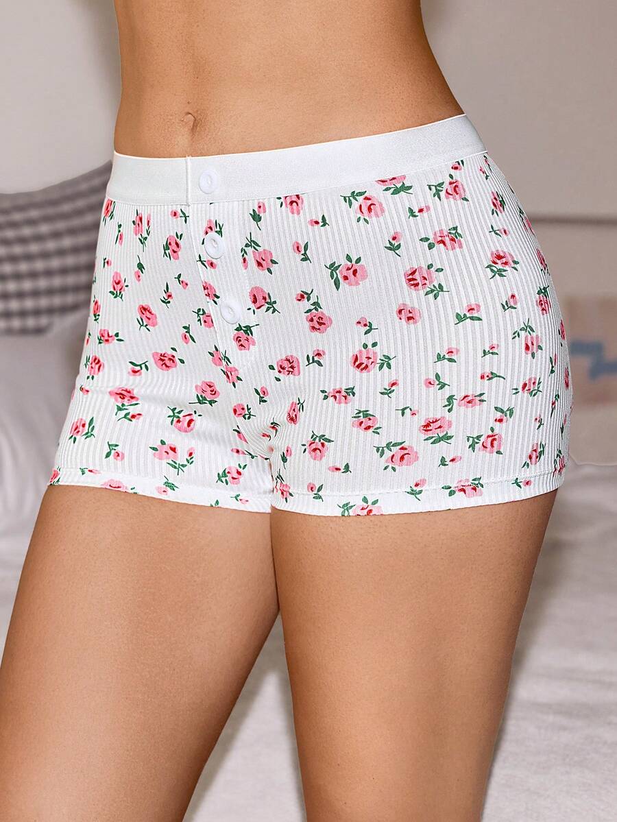 Lowkey Lull Ribbed Floral Bud Elastic Comfortable Minimalist Faux Fly Comfortable Women's Boxer Briefs - Multicolor - View 1