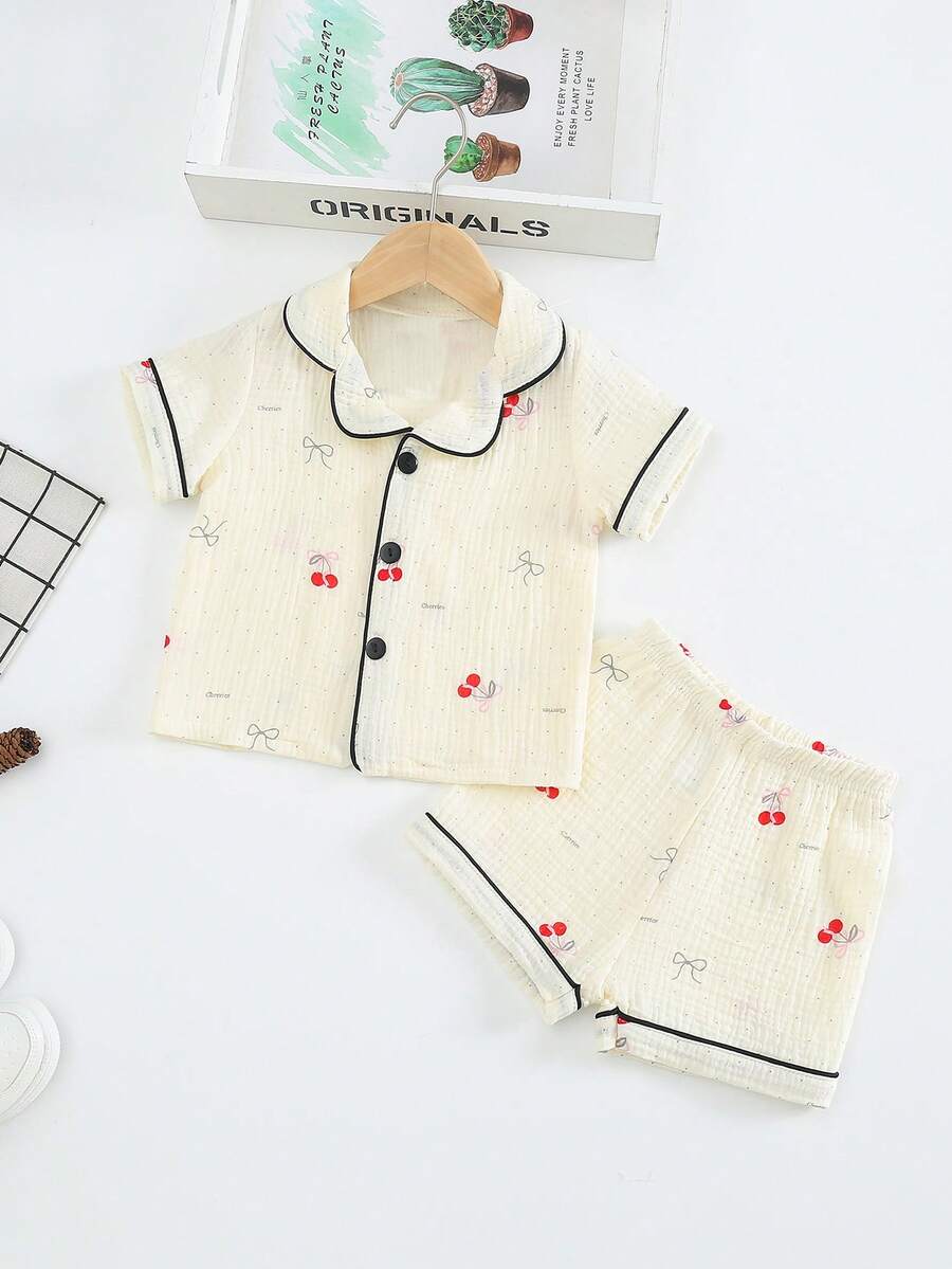 Conjunto de ropa de estar en casa de doble capa de hilo de algodón con estampado de lazos de cereza, suave & cómodo - Albaricoque - Ver 1