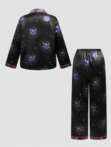 Chillnights Young Moon Cat 拼色豹紋幾何圖案翻領緞面舒適大尺碼睡衣套裝 - 黑色 - 查看 2
