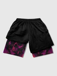 ROMWE MEN Goth Pantalones cortos de doble capa con cintura de cordón y estampado de dragón para hombres - Multicolor - Ver 2